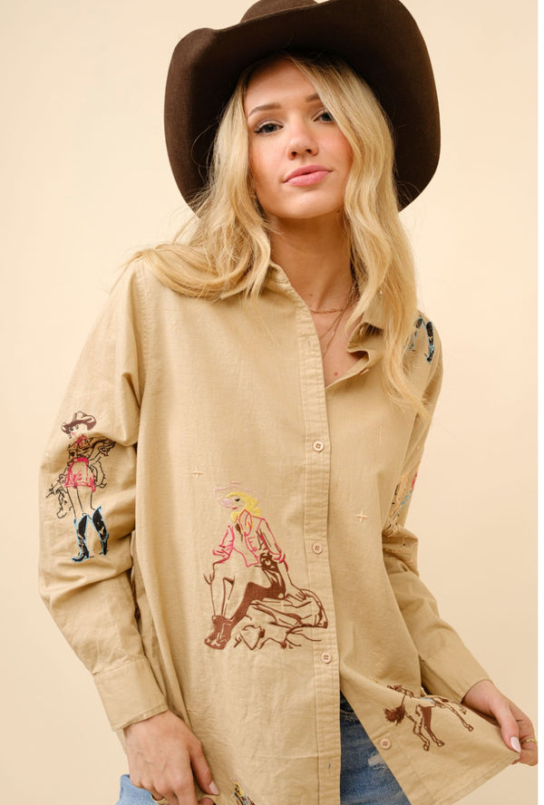 Sassy Cowgirl Embroidered Shirt Khaki