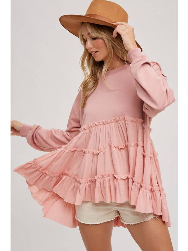 Blush Tiered Ruffle Hem Sweatshirt