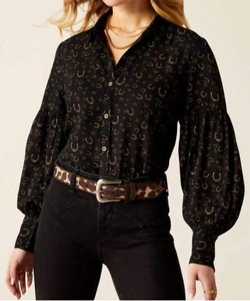 Ariat Blinged Out Top- Golden Horseshoe Print