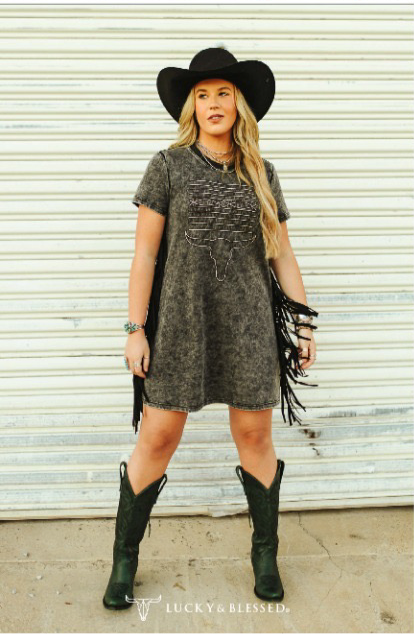 Blackwash Boot Stitched Dress w/Fringe