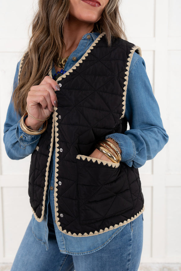 Black Quilted Vest with Cream Stitching